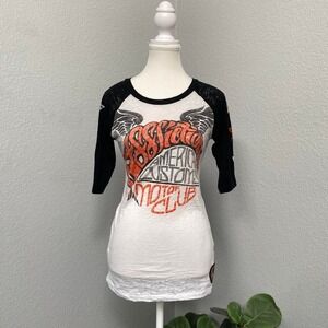 AFFLICTION QUARTER SLEEVE TOP ORANGE BLACK WINGS RHINESTONE MOTOCORE BIKER CHIC